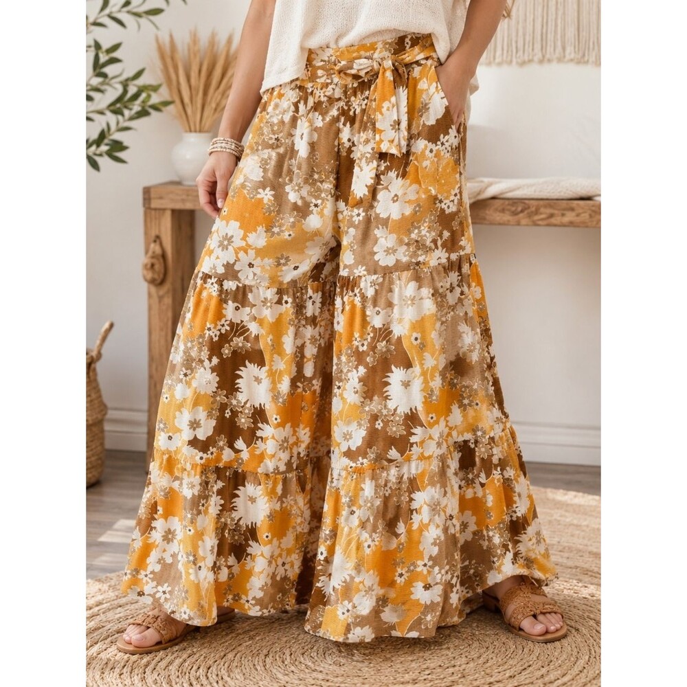 Cato Floral Tiered Wide Leg Palazzo Pants XS Boho Tie Waist